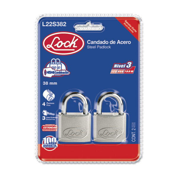 Juego de candados de acero cortos 38 mm, llave estándar, 2 piezas Lock, L22S382