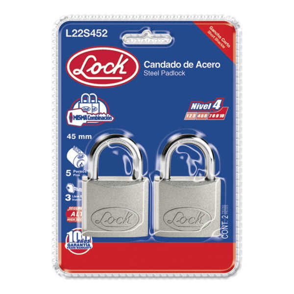 Juego de candados de acero cortos 45 mm, llave estándar, 2 piezas Lock, L22S452