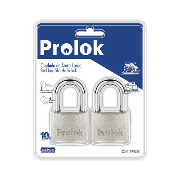 Juego de candados de acero largos 45 mm, llave estándar, 2 piezas Prolok, P22L452