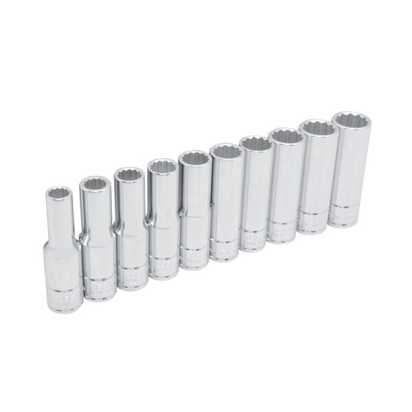 Juego de dados largos cuadro de 1/2", 12 puntas, métricos, en riel, 10 piezas Urrea, 54215