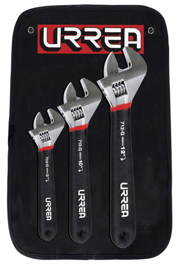 Juego de llaves ajustables cromadas con mango Rubber Grip, 3 piezas Urrea, 795G
