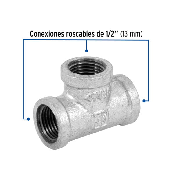 Tee sencilla 1/2' acero galvanizado, Foset, 47485 - Image 2