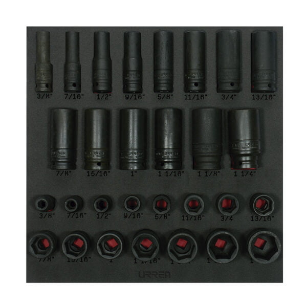 Juego de dados de impacto cortos y largos en pulgadas cuadro de 1/2", 29 piezas Urrea, CH218