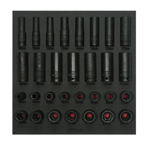 Juego de dados de impacto cortos y largos métricos cuadro de 1/2", 30 piezas Urrea, CH219