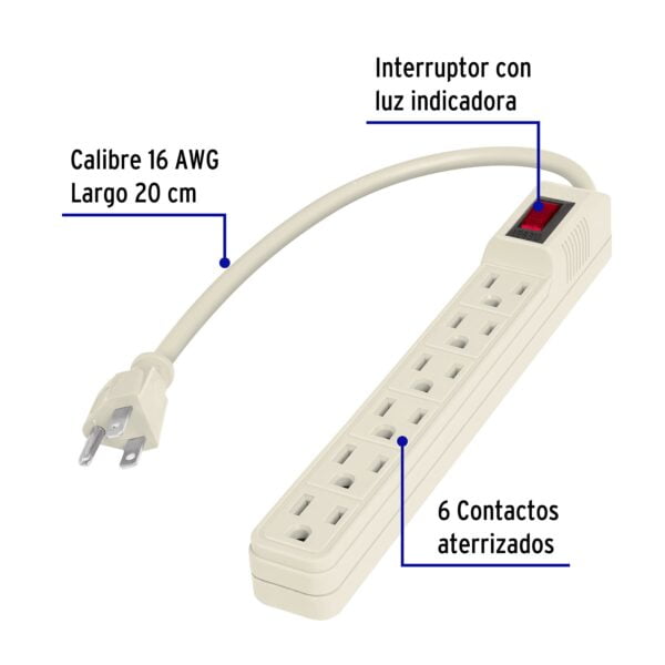 Multicontacto 16 AWG doméstico 6 entradas, Volteck, 47188 - Image 2