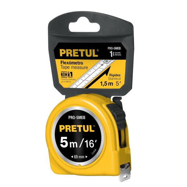 Flexómetro amarillo 5 m cinta 19 mm, en tarjeta, Pretul, 21606