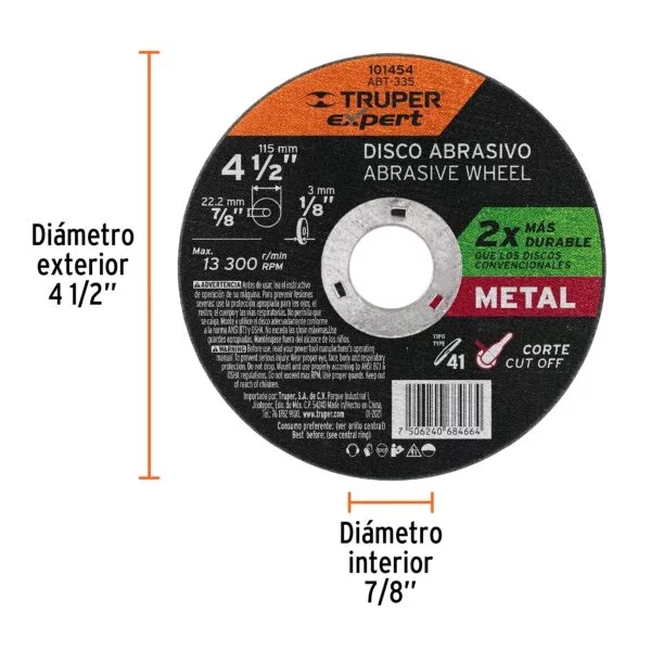 Disco para corte de metal 4-1/2' tipo 41, Truper Expert, ABT-335