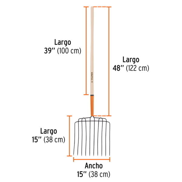 Bieldo para estiércol 10 dientes, mango 48', Truper, BPJ-10L