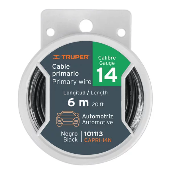 Carrete con 6 m de cable primario negro calibre 14, Truper, CAPRI-14N