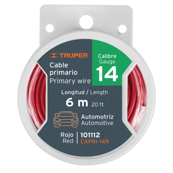 Carrete con 12 m de cable primario rojo calibre 18, Truper, CAPRI-18R