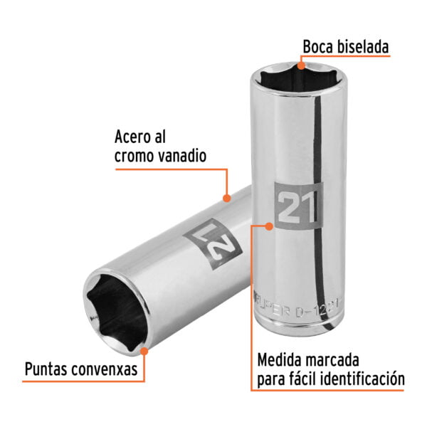 Dado largo de 21 mm, 6 puntas, cuadro 1/2', Truper, D-1221-ML