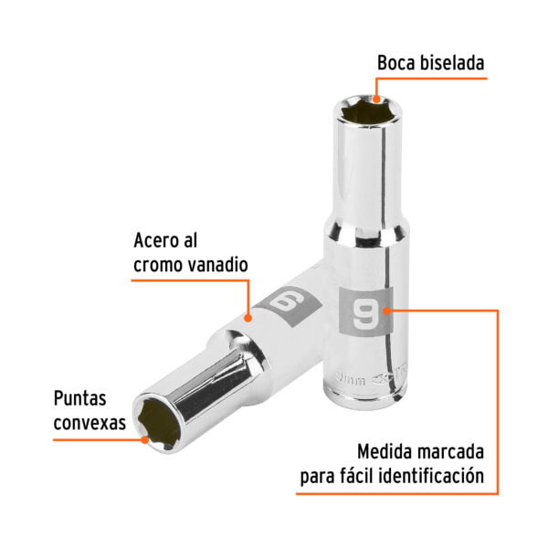 Dado largo de 9 mm, 6 puntas, cuadro 3/8', Truper, D-3809-HM-L