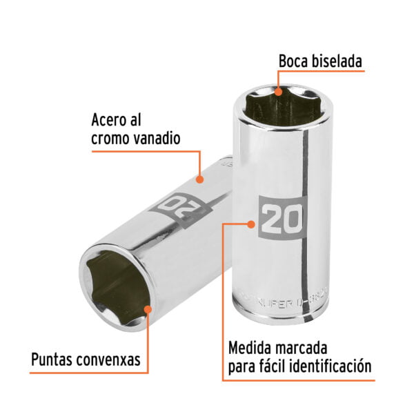 Dado largo de 20 mm, 6 puntas, cuadro 3/8', Truper, D-3820-HM-L
