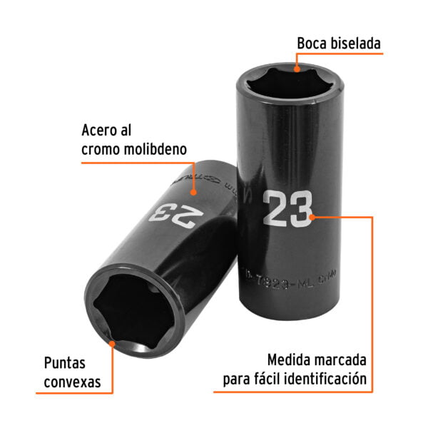 Dado largo impacto de 23 mm, 6 puntas, cuadro 1/2', Truper, D-7323-ML