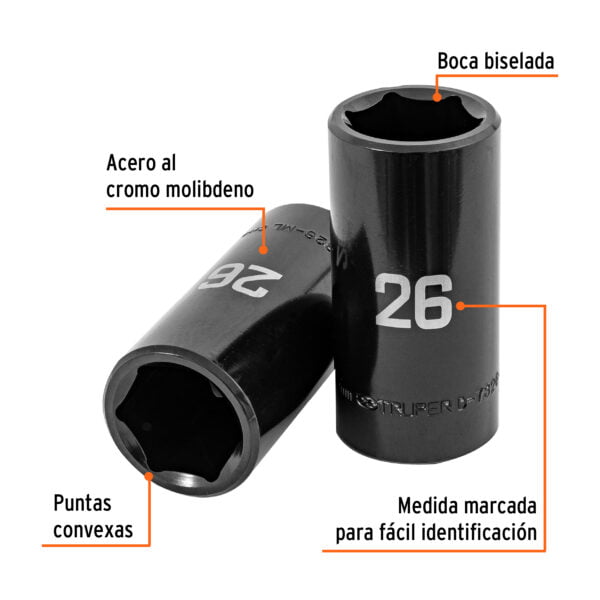 Dado largo impacto de 26 mm, 6 puntas, cuadro 1/2', Truper, D-7326-ML