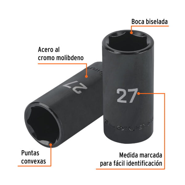 Dado largo impacto de 27 mm, 6 puntas, cuadro 1/2', Truper, D-7327-ML