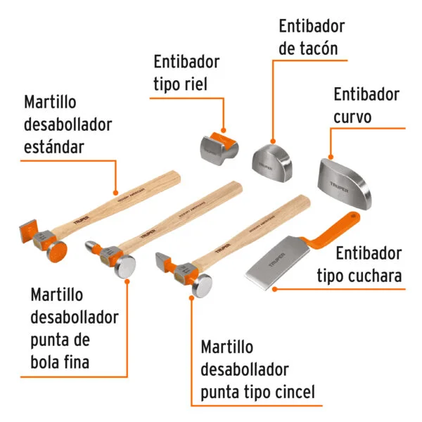 Juego 7 piezas de martillos y entibadores para hojalatero, JM-HO