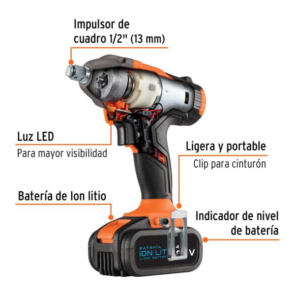 Llave de impacto inalámbrica 1/2', 20 V, Truper, LIMI-20A