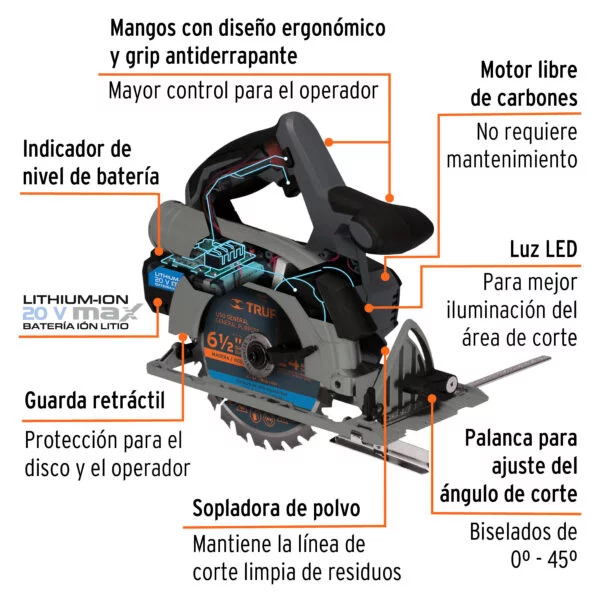 Sierra circular inalámbrica 6-1/2', 20V, sin carbones, MAX-20SC