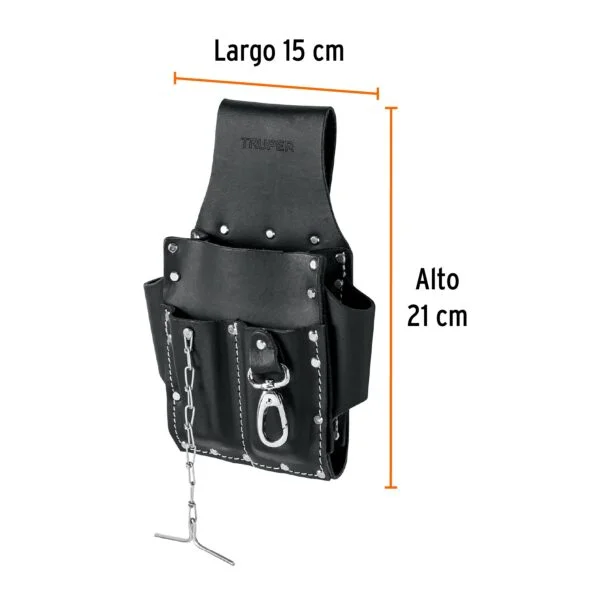 Porta herramientas grande de cuero, 7 compartimentos, Truper, POHE-7GCU