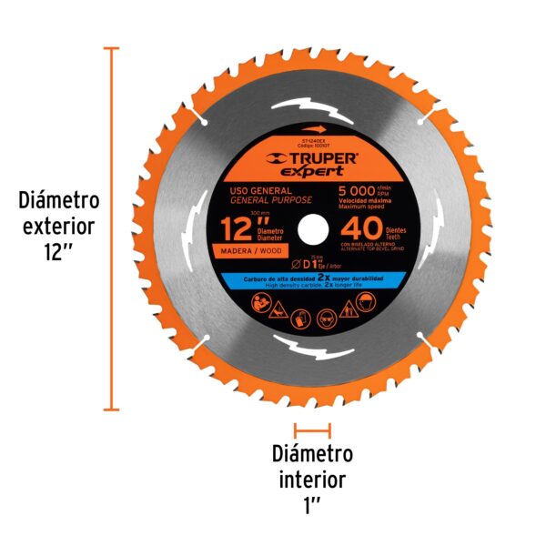 Disco sierra 12' para madera, 40 dientes centro 1', Expert, ST-1240EX