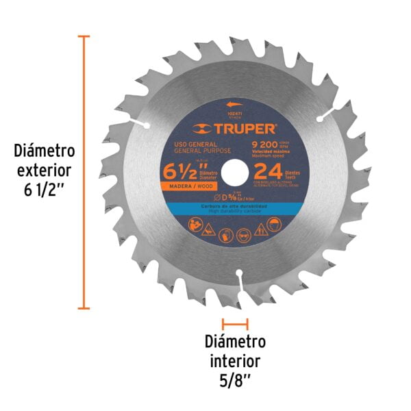 Disco sierra 6-1/2' p/madera, 24 dientes con centro 5/8', ST-624