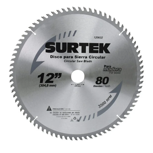 Disco para sierra circular para corte madera 80 dientes, 12" Surtek, 120632