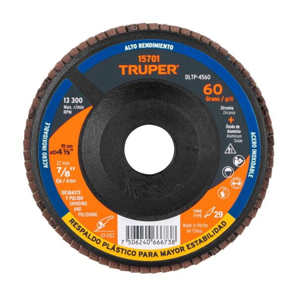 Disco 4-1/2' laminado respaldo plástico grano 60 centro 7/8', DLTP-4560