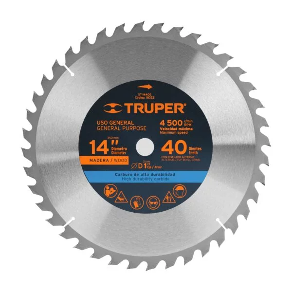 Disco sierra 14' para madera, 40 dientes centro 1', Truper, ST-1440E