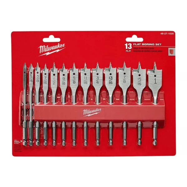 Juego de 13 brocas planas para madera. Marca Milwaukee, Modelo 48-27-1520.
