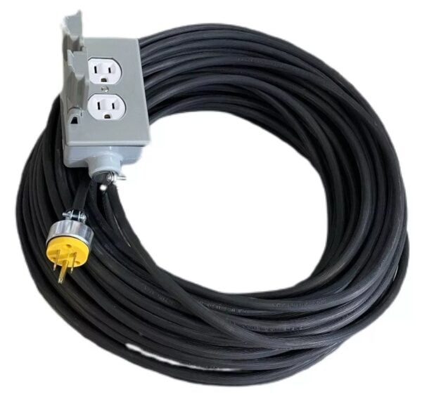 Extension de uso rudo de 15mts, calibre 3x10, cable de 25amp, 3125 W, contacto doble con tapa. Marca Luminor LED.