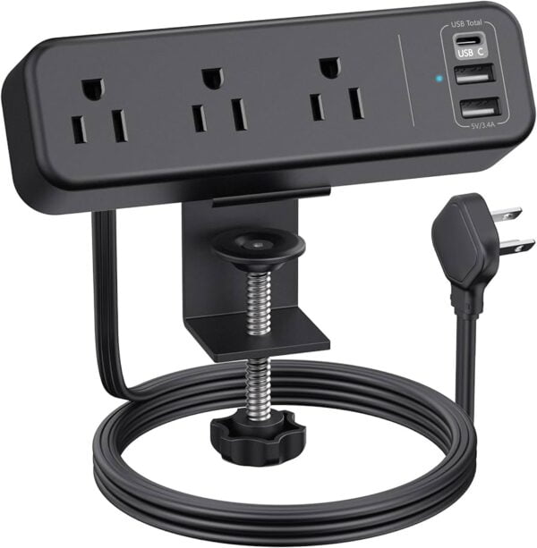 Abrazadera de computadora de 3 tomacorrientes con USB C, cable de extensión delgado de 6.5 pies para mesas de 1.6 pulgadas.