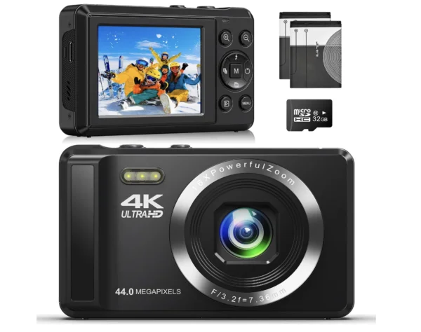 Cámara digital 4K 44MP Cámara compacta con zoom digital de 16X, enfoque automático con tarjeta SD de 32 GB, cámara portátil.