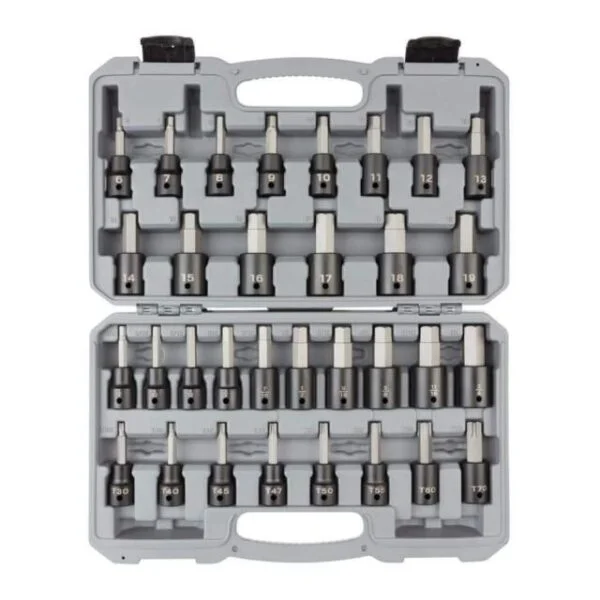 Juego de zócalos de broca de impacto TEKTON 1/2" unidad métrica hexagonal/Torx/SAE con estuche rígido (32 piezas).