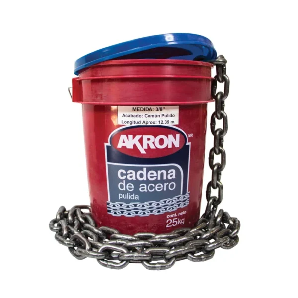Cadena pulida de 3/8 pulg en cubeta. Marca Akron, Modelo 15-54.