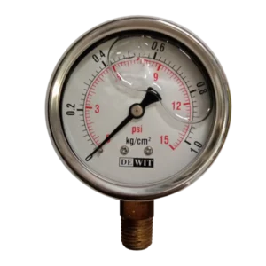 Manometro marca Dewit caratula 2 1/2 pulg, presion de 0-1 kg/cm2 (15 PSI), con glicerina, escala dual, conexion inferior de 1/4