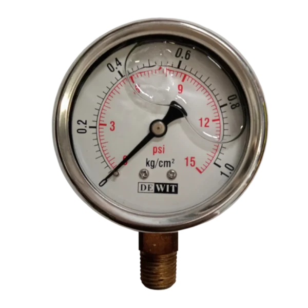 Manometro marca Dewit caratula 2 1/2 pulg, presion de 0-1 kg/cm2 (15 PSI), con glicerina, escala dual, conexion inferior de 1/4