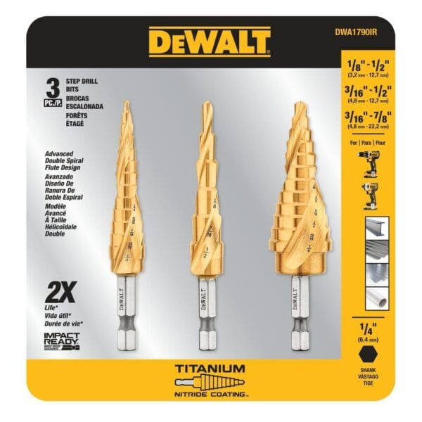 Juego de 3 piezas de brocas escalonadas. Marca Dewalt, Modelo DWA1790IR.