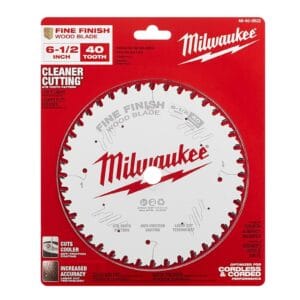 Hoja de sierra circular 6-1/2 x 5/8 de acero con punta de carburo de acabado fino, 40 dientes. Marca Milwaukee.