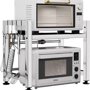 Estante Extensible de Acero Inoxidable de 2 Niveles para Horno de Microondas, con 4 Ganchos para Utensilios, Estilo Moderno