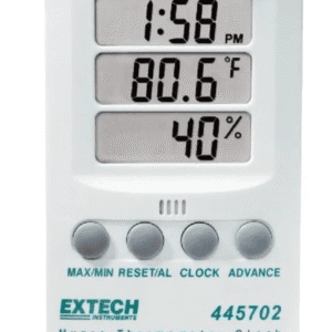 Thermohigrometro de montaje en pared con reloj, alarma. Humedad: 10 a 85 %, Temperatura: 10 a 60 °C. Marca Extech, Modelo 445702