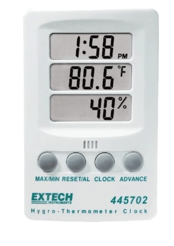 Thermohigrometro de montaje en pared con reloj, alarma. Humedad: 10 a 85 %, Temperatura: 10 a 60 °C. Marca Extech, Modelo 445702