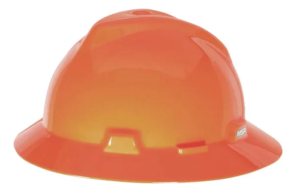 Casco ala ancha  naranja, suspensión Fas-Trac III. V-Gard. Marca MSA, Modelo 10032847.