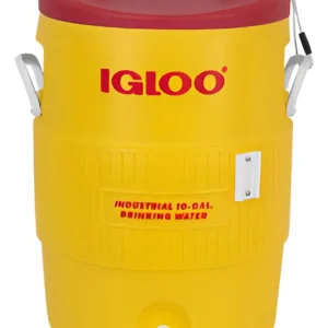 Termo de plastico, color amarillo, de 10 galones. Marca Igloo.