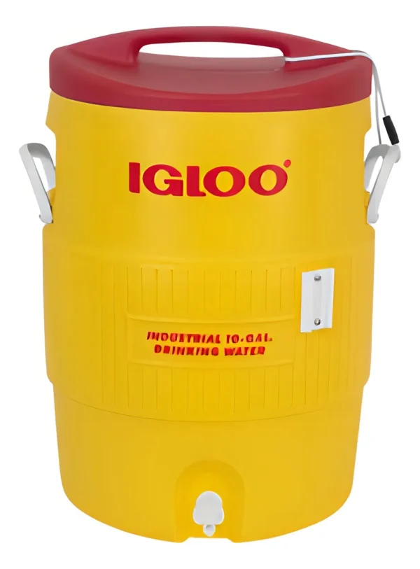 Termo de plastico, color amarillo, de 10 galones. Marca Igloo.