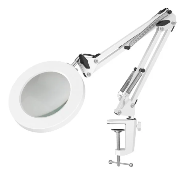 Lámpara LED con lupa (5x) y brazo articulado, blanca