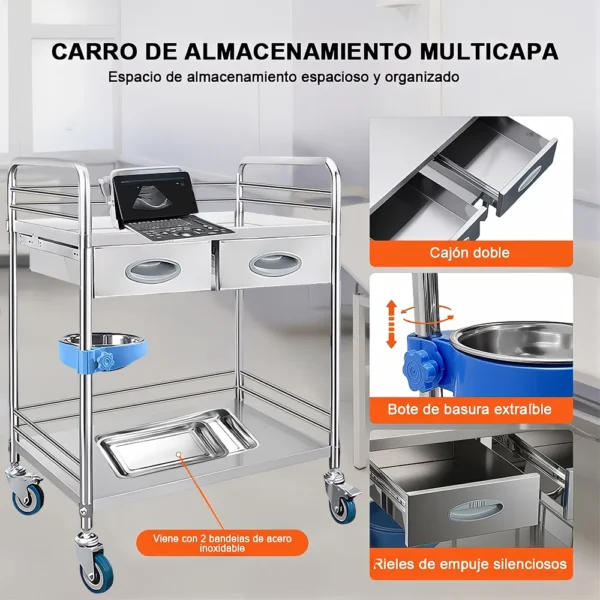 Carrito De Médico Mesa Para Intrumental Medico Con 2 Cajones Mca Rebefor - Image 3