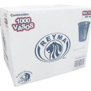 Vaso plástico desechable transparente #12, caja con 1000 piezas. Marca Reyma.
