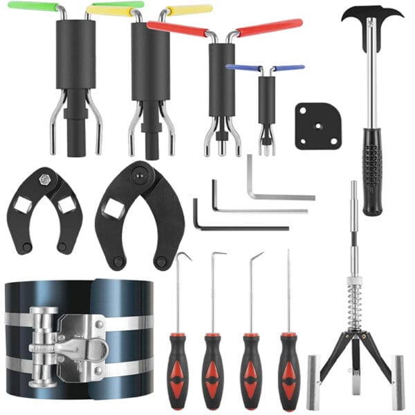 Kit con 17 herramientas de reparación de cilindros hidráulicos.