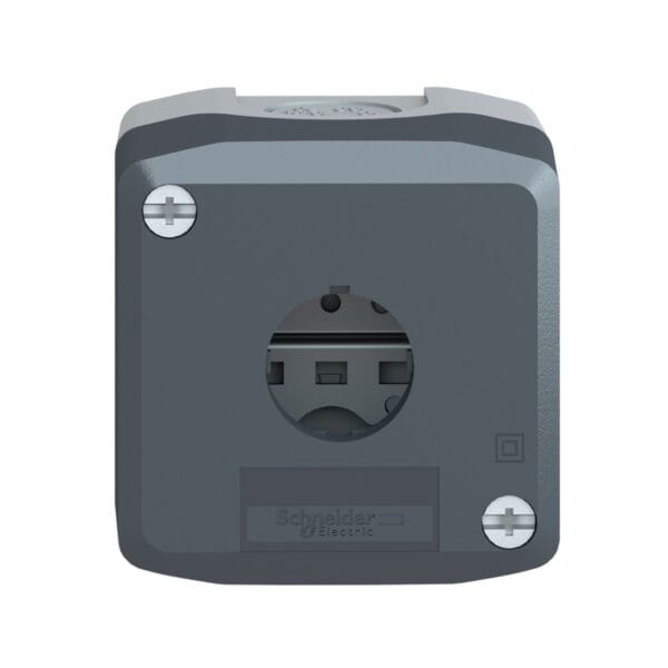 Caja vacía para pulsador, tapa gris oscura, 1 orificio. Marca Schneider Electric, Modelo XALD01.